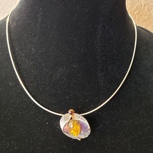 Vintage Sterling Silver and Amber Modernist Pendant Round Snake Chain Necklace